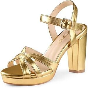 Merumote Womens Size 8 Shiny Gold Open Toe Ankle Strap 4" Chunky Heels Shoes